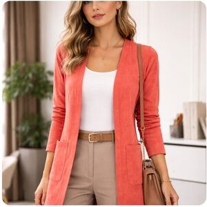 Anthropologie Solitaire Coral Suede-Feel Front Longline Cardigan w Pockets NWT